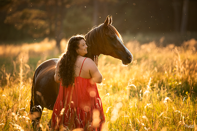 Pferd und Mensch im Sonnenuntergang Posing Pferdefotografie Sommerabend Ponyliebe Fotografie